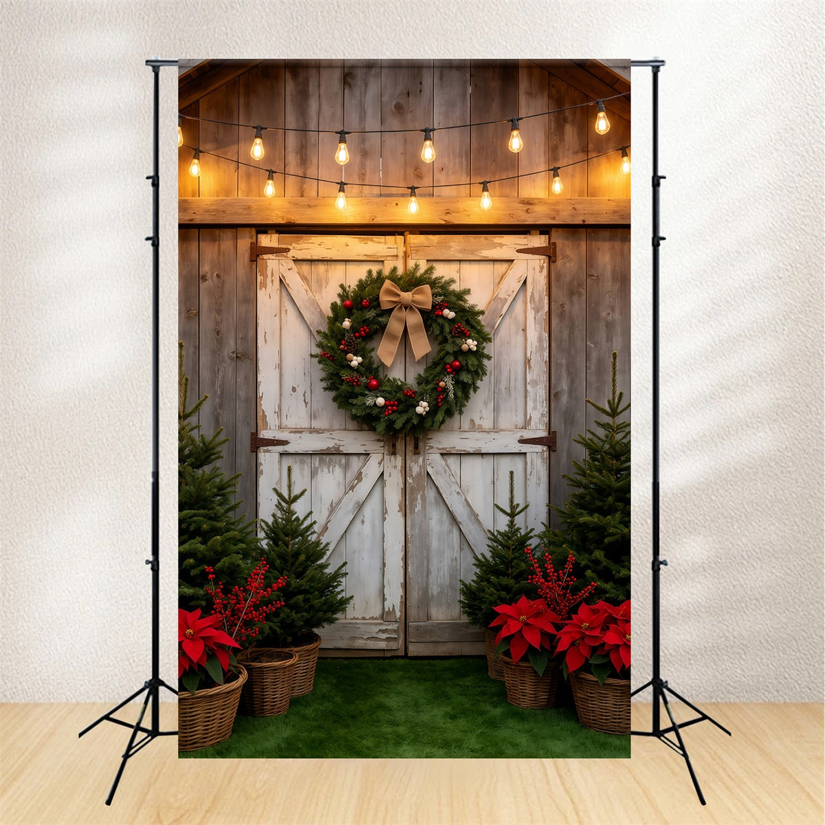 Kulisse Für Eine Weihnachtsbaumfarm Rustikaler Scheunentor-Kranz Weihnachtsfotohintergrund GQ69-38