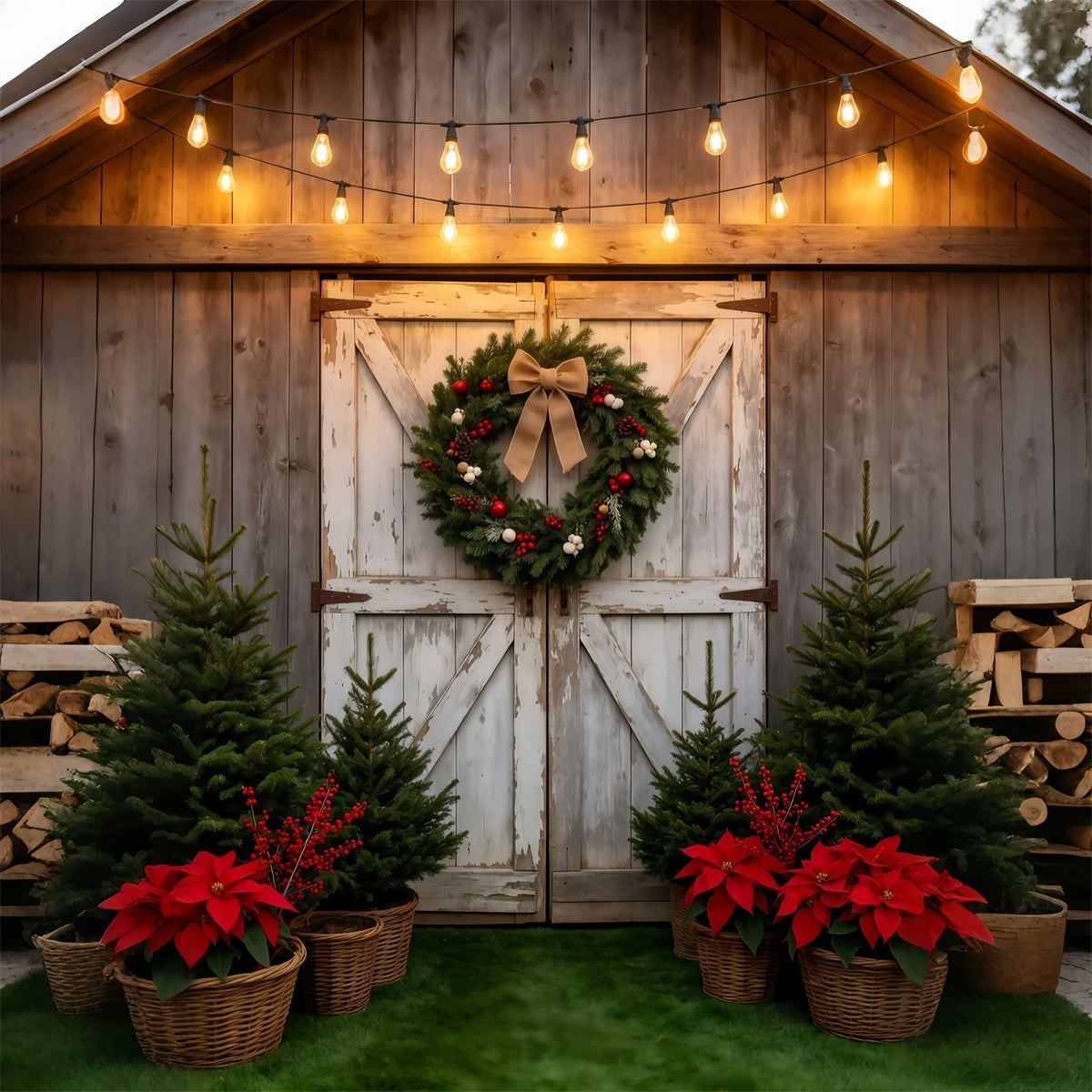Kulisse Für Eine Weihnachtsbaumfarm Rustikaler Scheunentor-Kranz Weihnachtsfotohintergrund GQ69-38