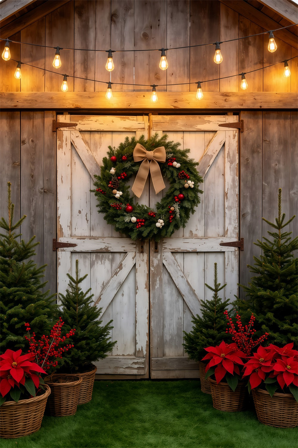 Kulisse Für Eine Weihnachtsbaumfarm Rustikaler Scheunentor-Kranz Weihnachtsfotohintergrund GQ69-38