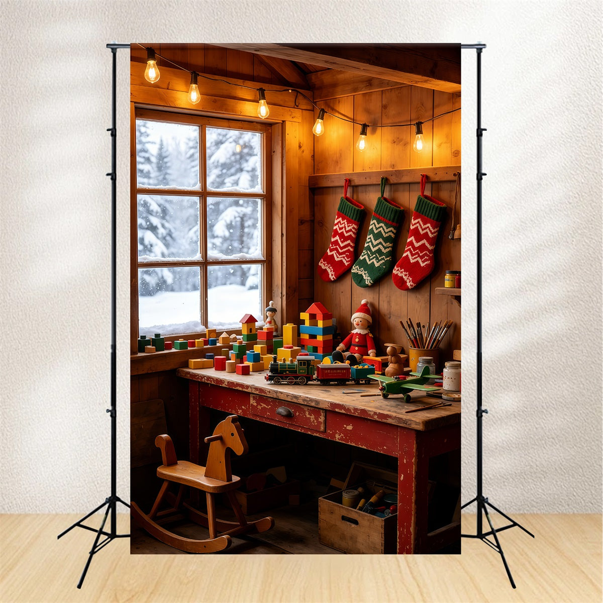 Rustikale Weihnachtskulisse Gemütliche Spielzeugecke In Der Hütte Weihnachtskulisse Für Den Innenbereich GQ69-39