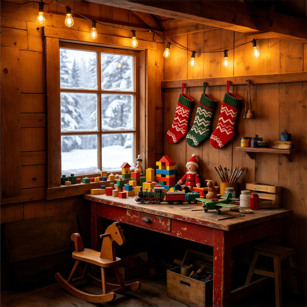 Rustikale Weihnachtskulisse Gemütliche Spielzeugecke In Der Hütte Weihnachtskulisse Für Den Innenbereich GQ69-39