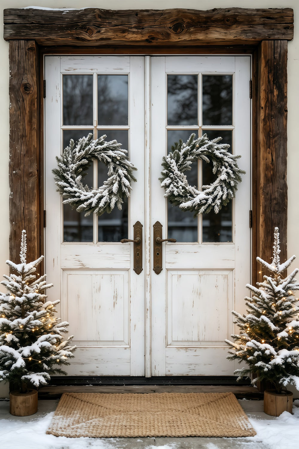 Weihnachtskulisse Im Freien Schneebedeckter Doppeltürkranz Studio-Weihnachtskulissen GQ69-45