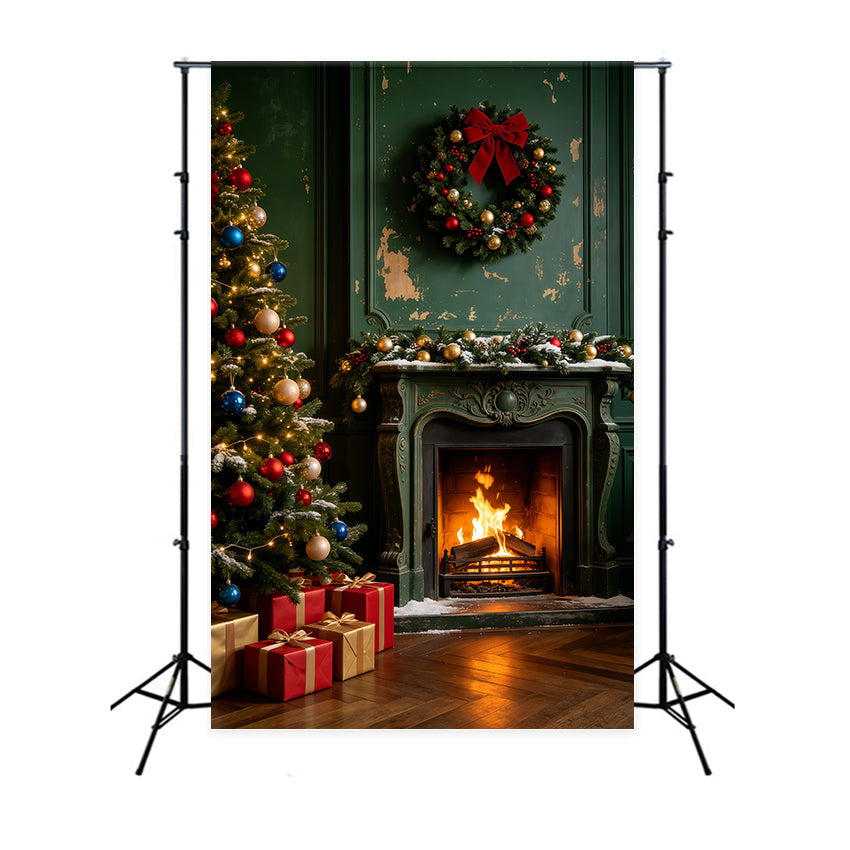 Vintage-Weihnachtskulisse Kaminzimmer Aus Grünem Holz Weihnachtswand-Hintergrund GQ69-46