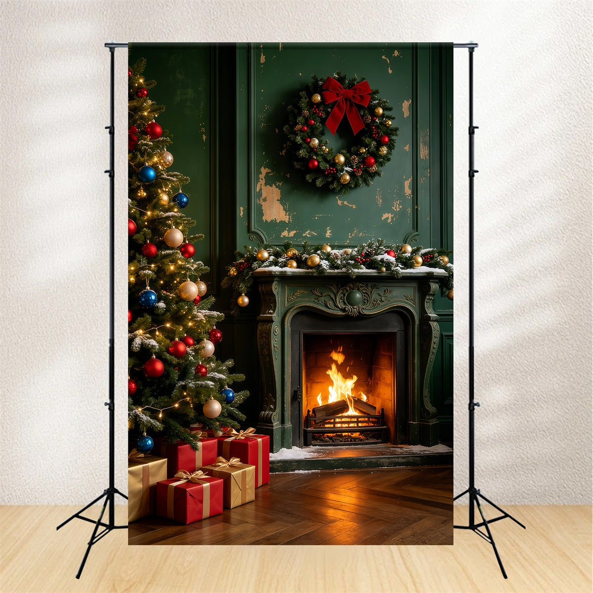 Vintage-Weihnachtskulisse Kaminzimmer Aus Grünem Holz Weihnachtswand-Hintergrund GQ69-46
