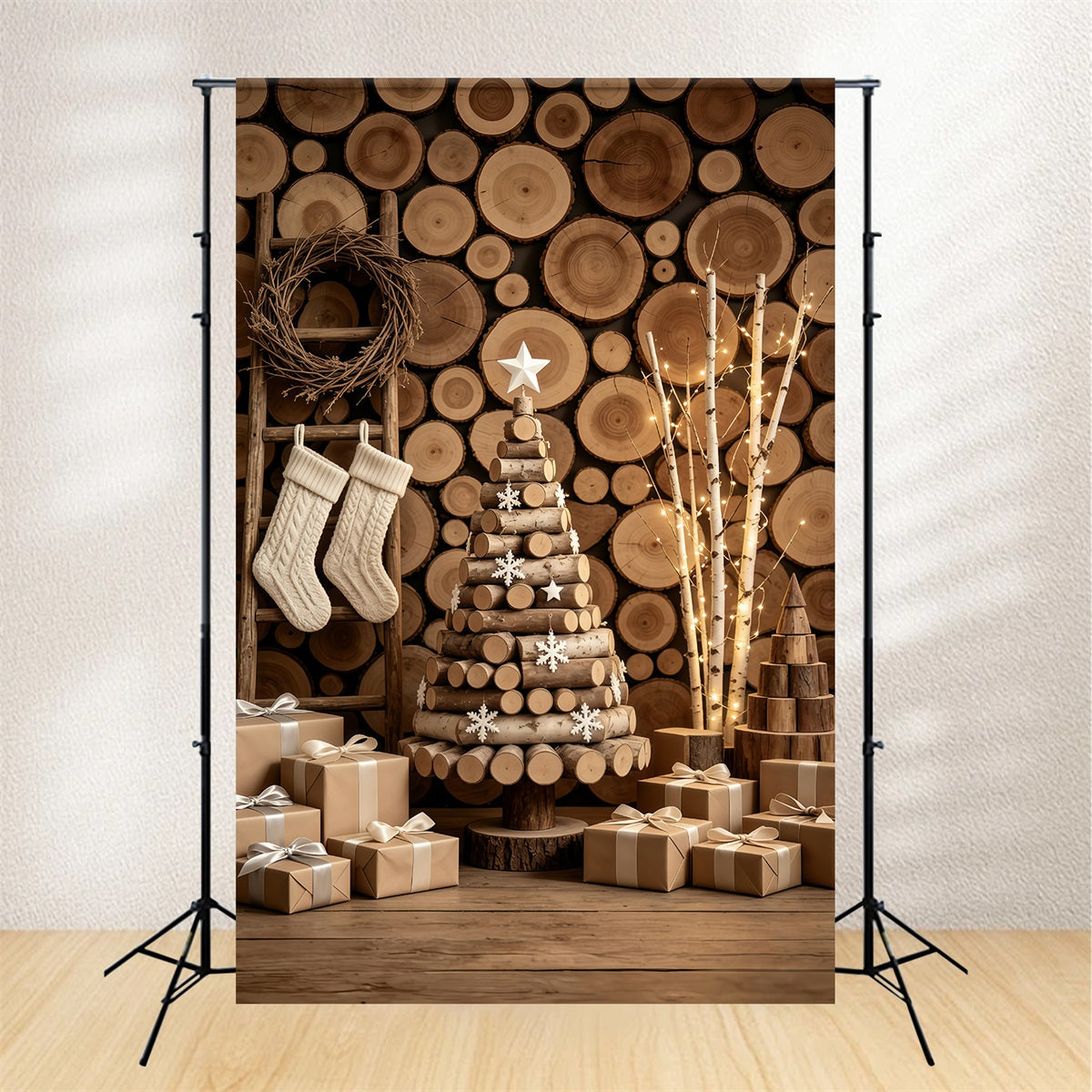 Rustikale Weihnachtskulisse Baumdarstellung An Einer Holzstammwand Weihnachts-Musselin-Hintergrund GQ69-47