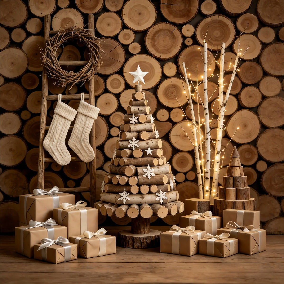Rustikale Weihnachtskulisse Baumdarstellung An Einer Holzstammwand Weihnachts-Musselin-Hintergrund GQ69-47