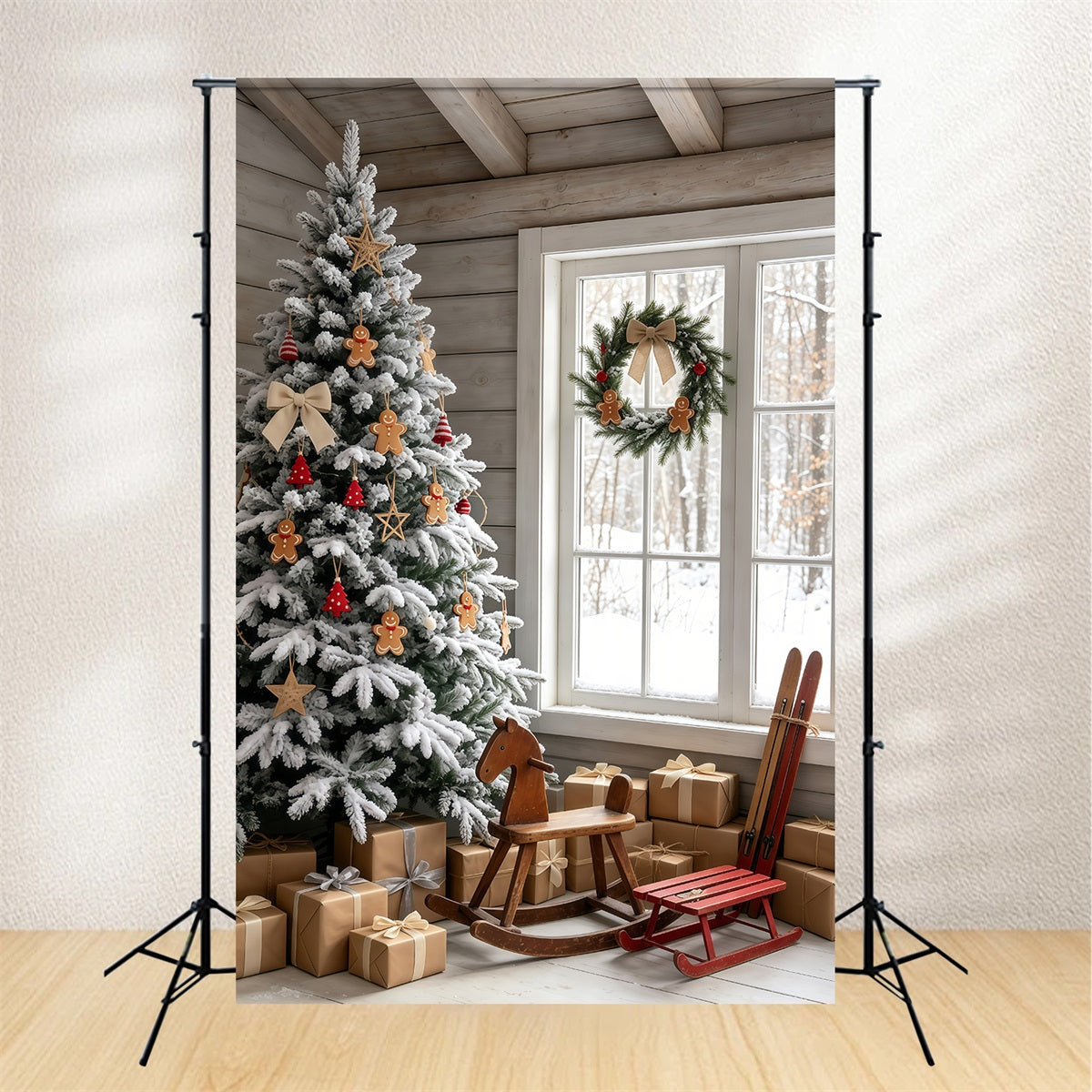 Weihnachtshütten-Kulisse Zimmer Mit Schneebedecktem Lebkuchenbaum Weihnachtliche Indoor-Hintergrundkulisse GQ69-48