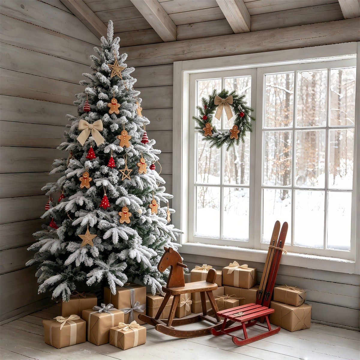 Weihnachtshütten-Kulisse Zimmer Mit Schneebedecktem Lebkuchenbaum Weihnachtliche Indoor-Hintergrundkulisse GQ69-48