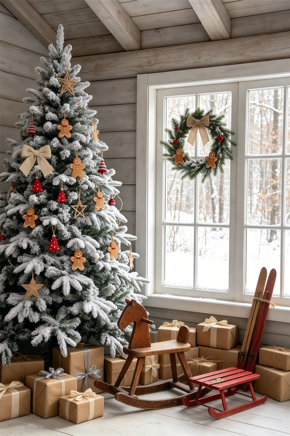 Weihnachtshütten-Kulisse Zimmer Mit Schneebedecktem Lebkuchenbaum Weihnachtliche Indoor-Hintergrundkulisse GQ69-48