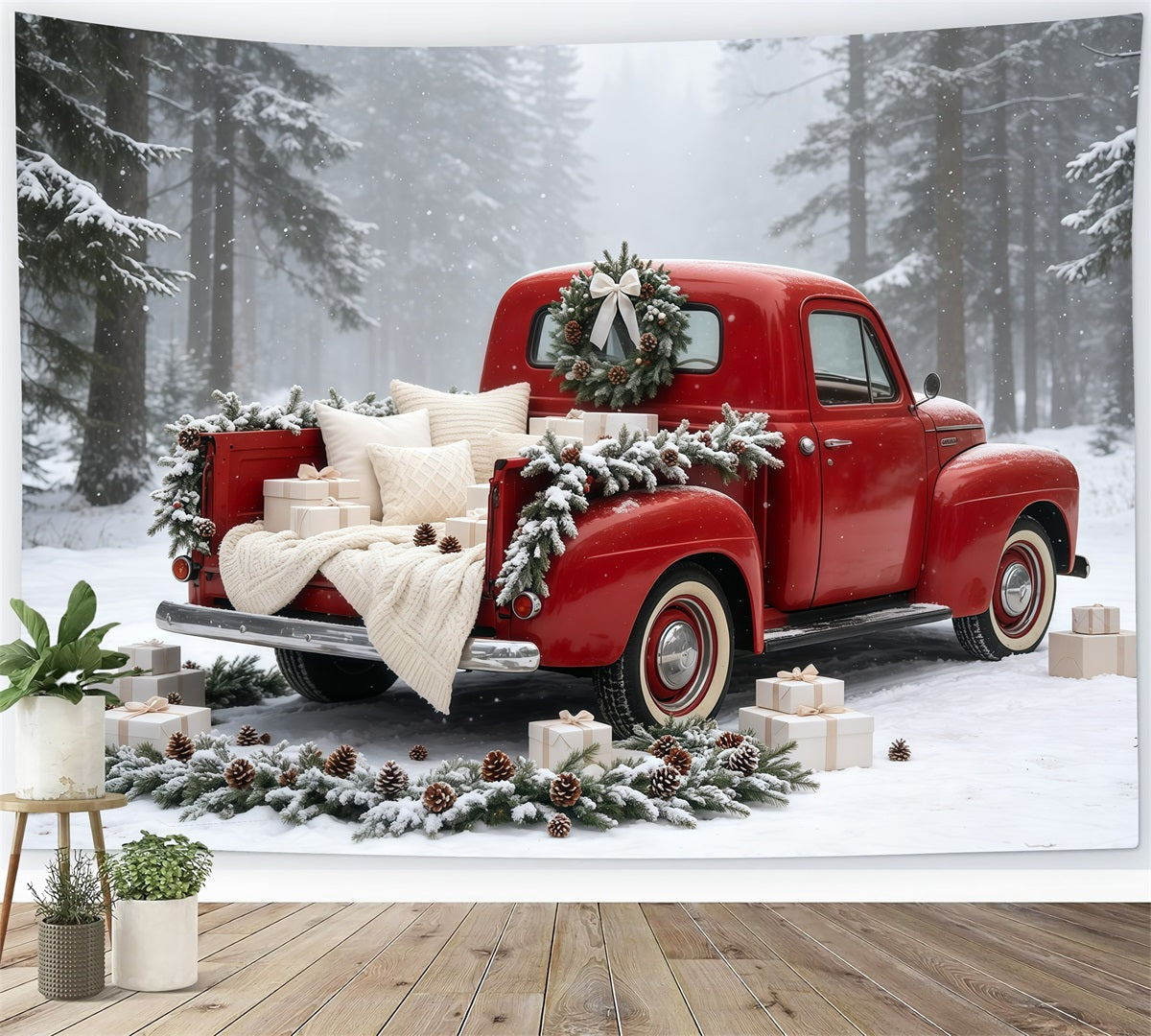 Weihnachtstruck-Hintergrund Vintage Red Car Forest Studio-Weihnachtskulisse GQ69-5