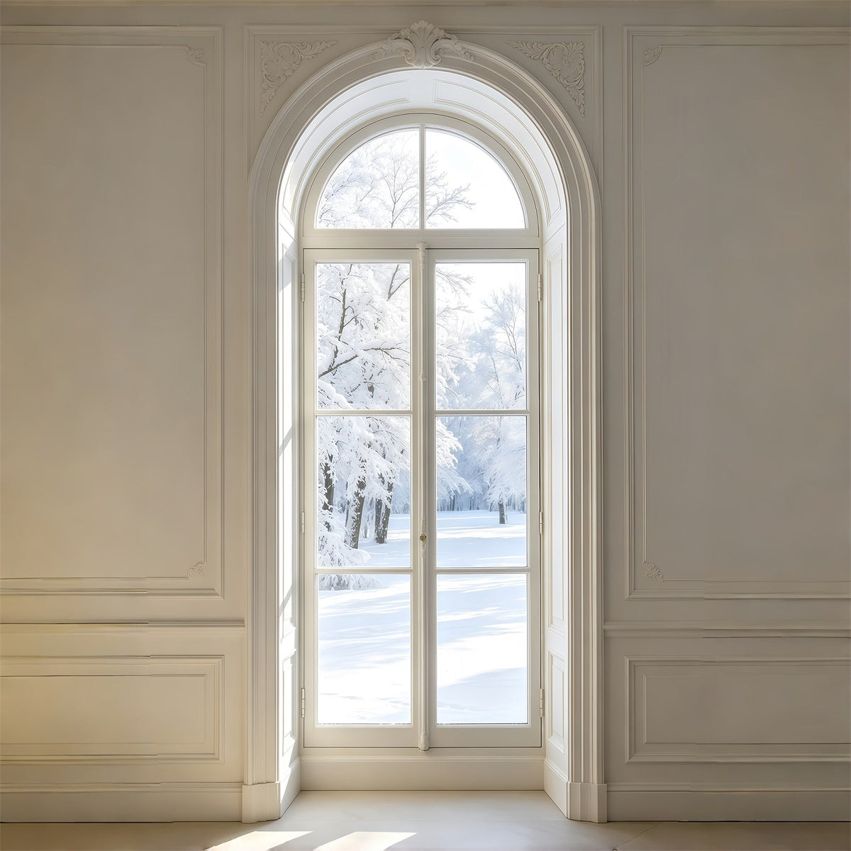 Weiße Weihnachtskulisse Eleganter Blick Durch Ein Bogenfenster Weihnachtswand-Hintergrund GQ69-51