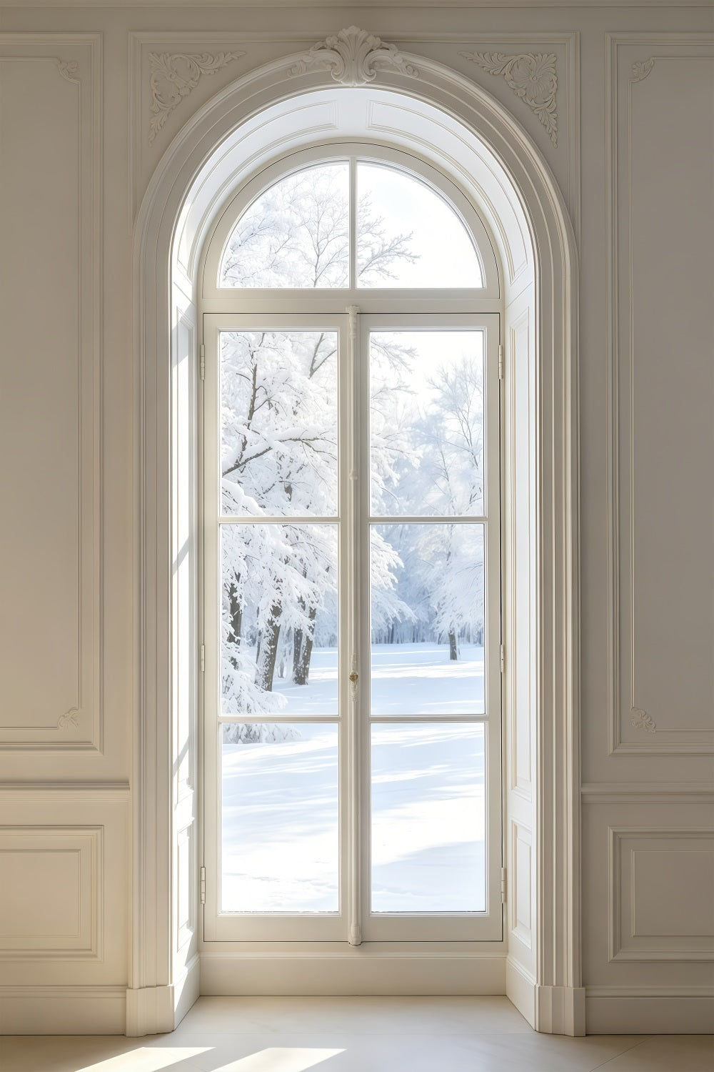 Weiße Weihnachtskulisse Eleganter Blick Durch Ein Bogenfenster Weihnachtswand-Hintergrund GQ69-51