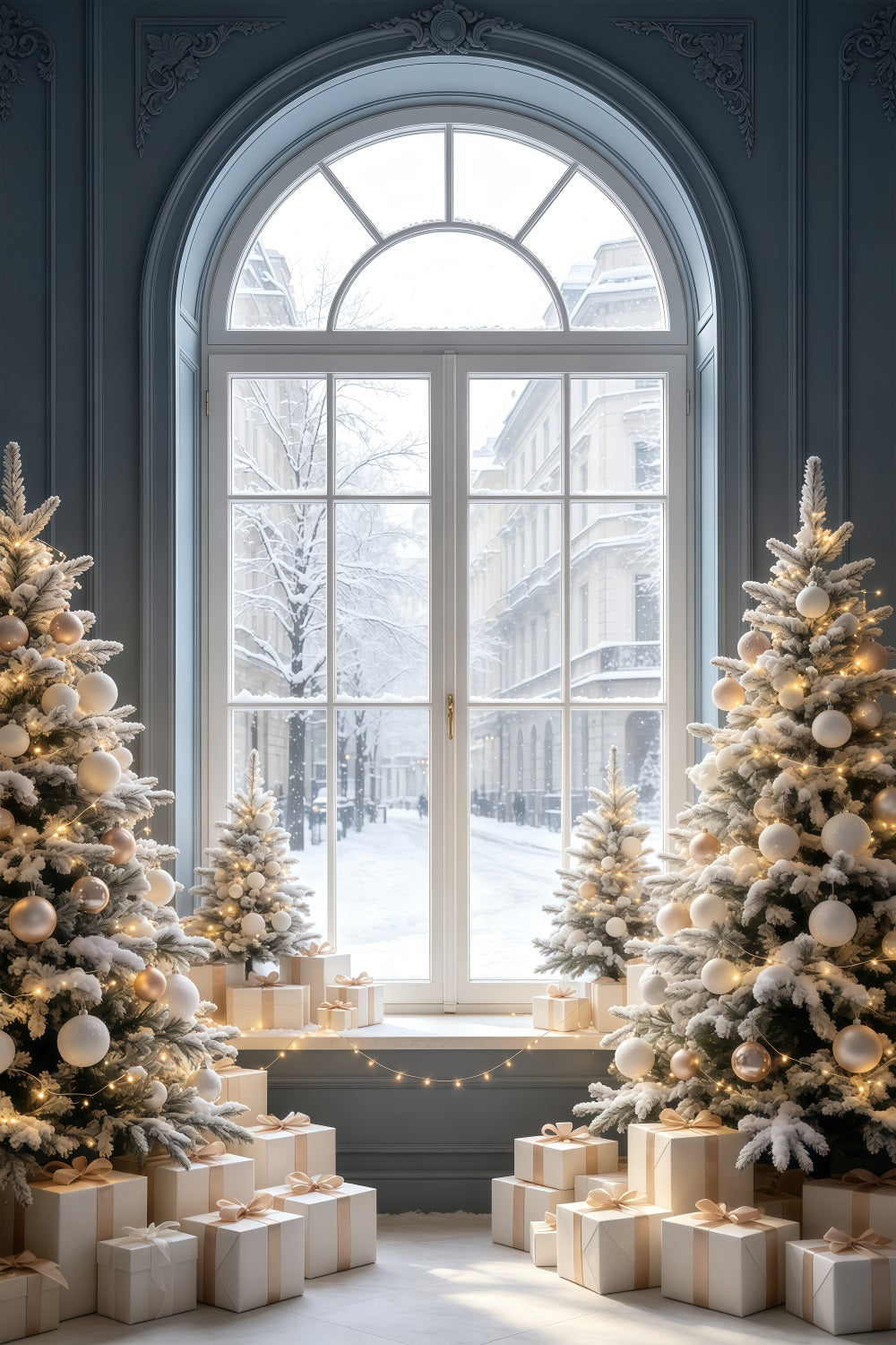 Weihnachtsfenster-Hintergrund Schneebedeckte Straßenansicht, Baumausstellung Weihnachtshintergrund Aus Musselin GQ69-52