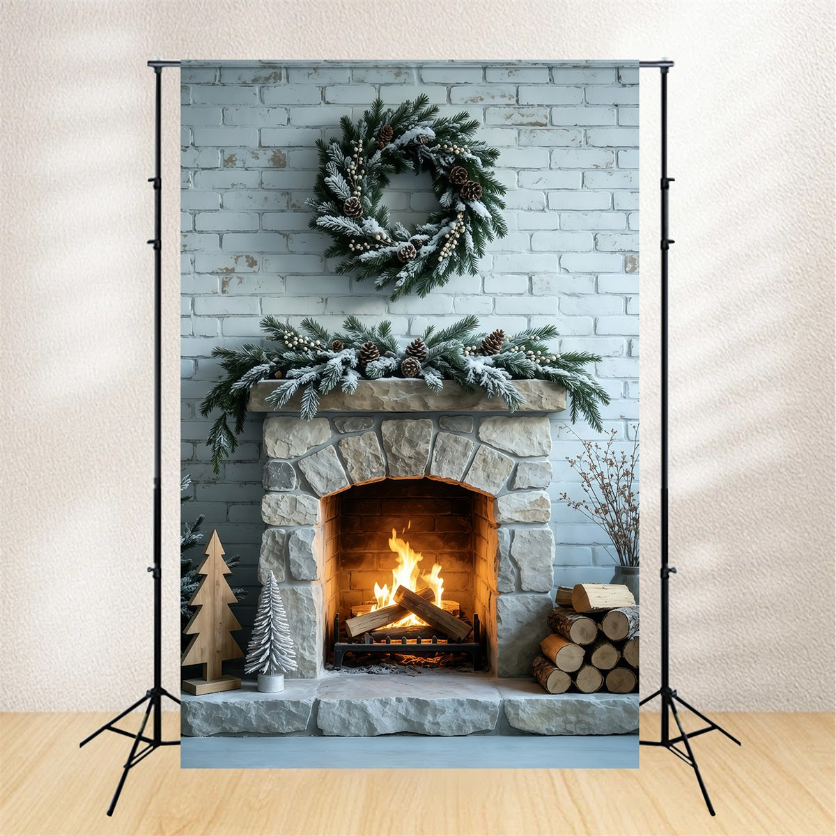 Weihnachtskamin-Hintergrund Gefrostete Ziegelwand Musselin-Hintergrund Weihnachten GQ69-53