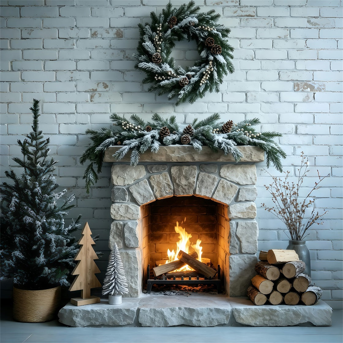 Weihnachtskamin-Hintergrund Gefrostete Ziegelwand Musselin-Hintergrund Weihnachten GQ69-53