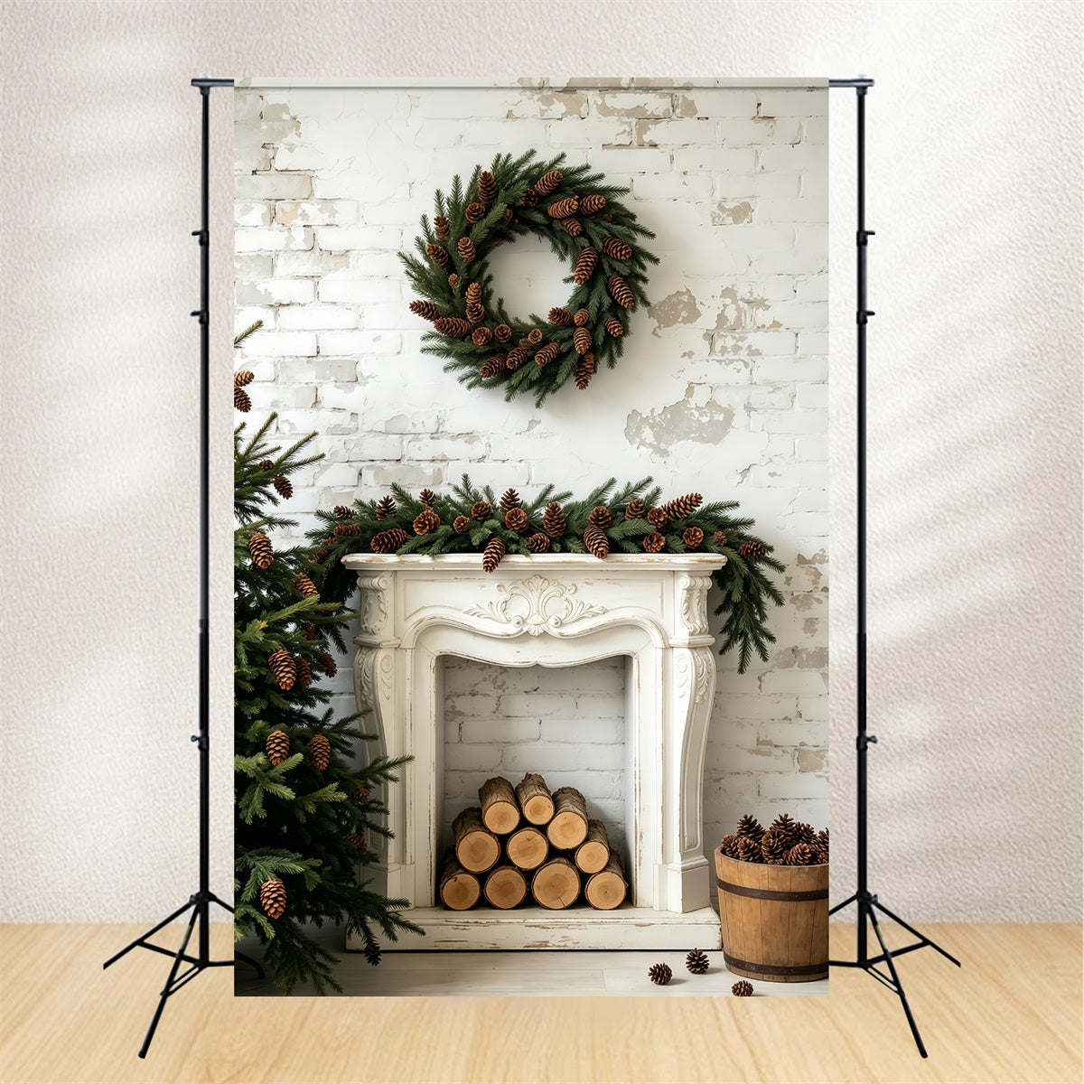 Weihnachtswand-Hintergrund Kaminsimsdekoration Aus Tannenzapfenkranz Weihnachts-Fotohintergründe GQ69-54