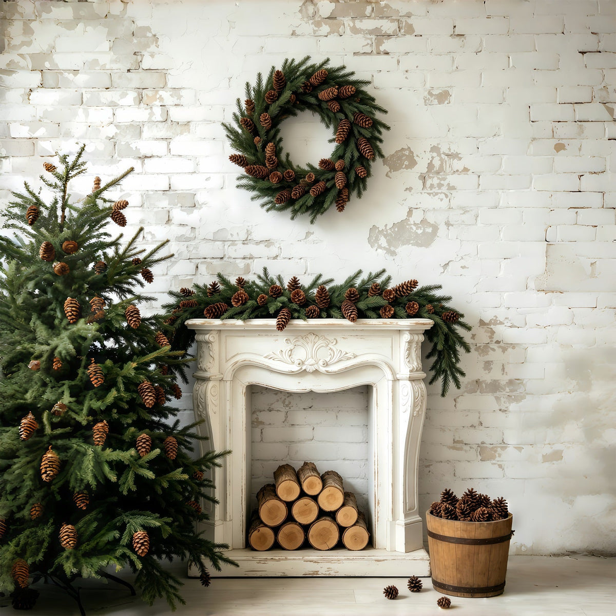 Weihnachtswand-Hintergrund Kaminsimsdekoration Aus Tannenzapfenkranz Weihnachts-Fotohintergründe GQ69-54