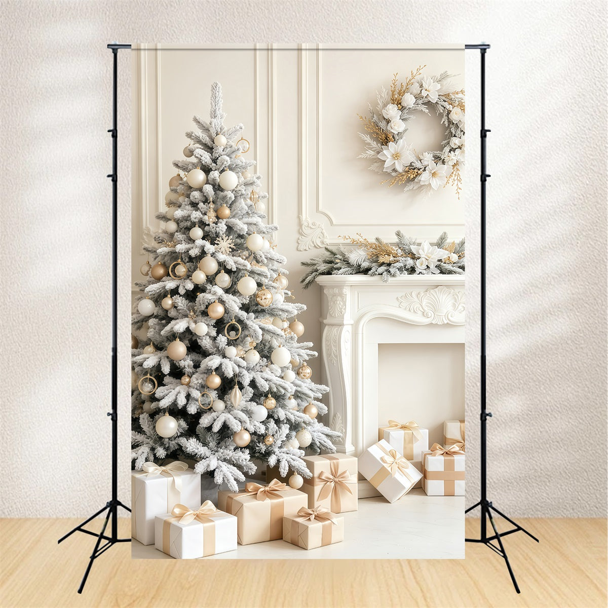 Elegante Weihnachtskulisse Kaminzimmer Mit Schneeweißem Baum Weihnachtskulisse GQ69-56