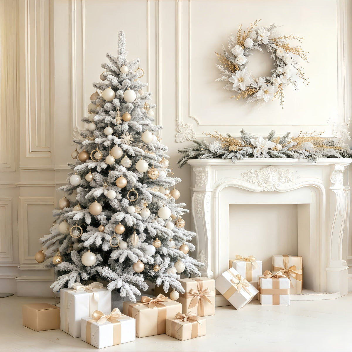 Elegante Weihnachtskulisse Kaminzimmer Mit Schneeweißem Baum Weihnachtskulisse GQ69-56