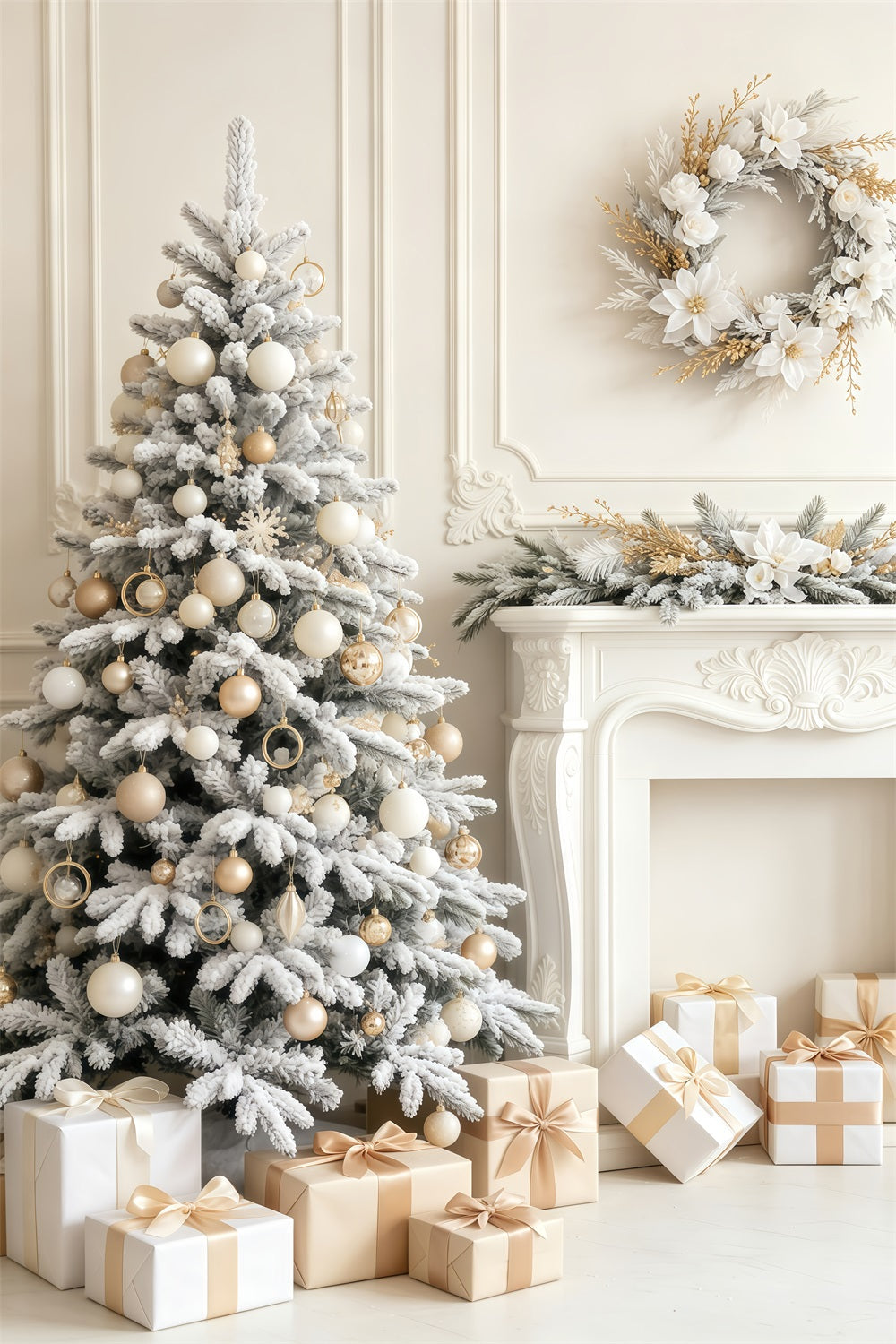 Elegante Weihnachtskulisse Kaminzimmer Mit Schneeweißem Baum Weihnachtskulisse GQ69-56