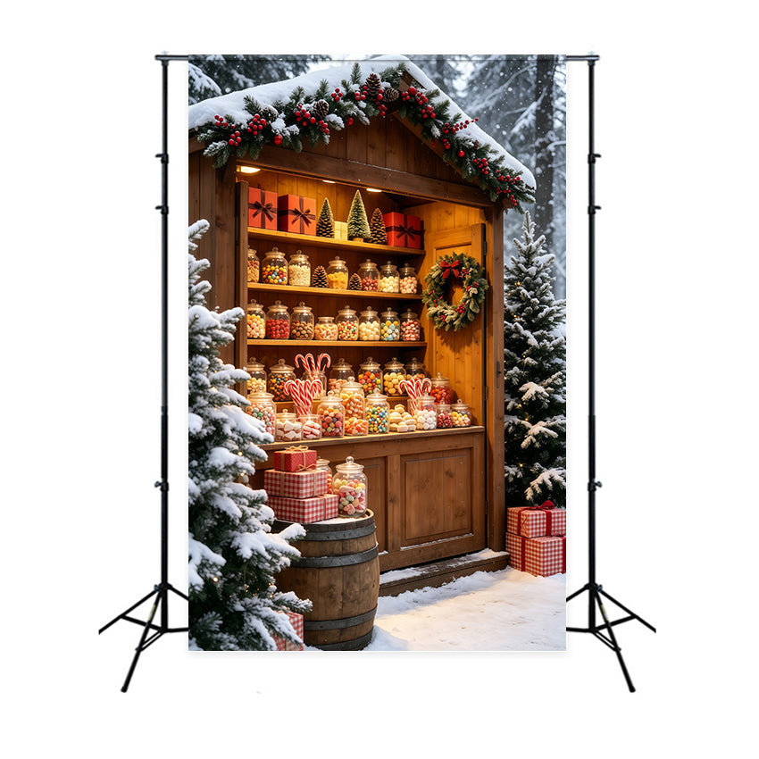 Verschneite Weihnachtskulisse Marktstand Mit Rustikalem Bonbonglas Weihnachts-Fotohintergründe GQ69-59