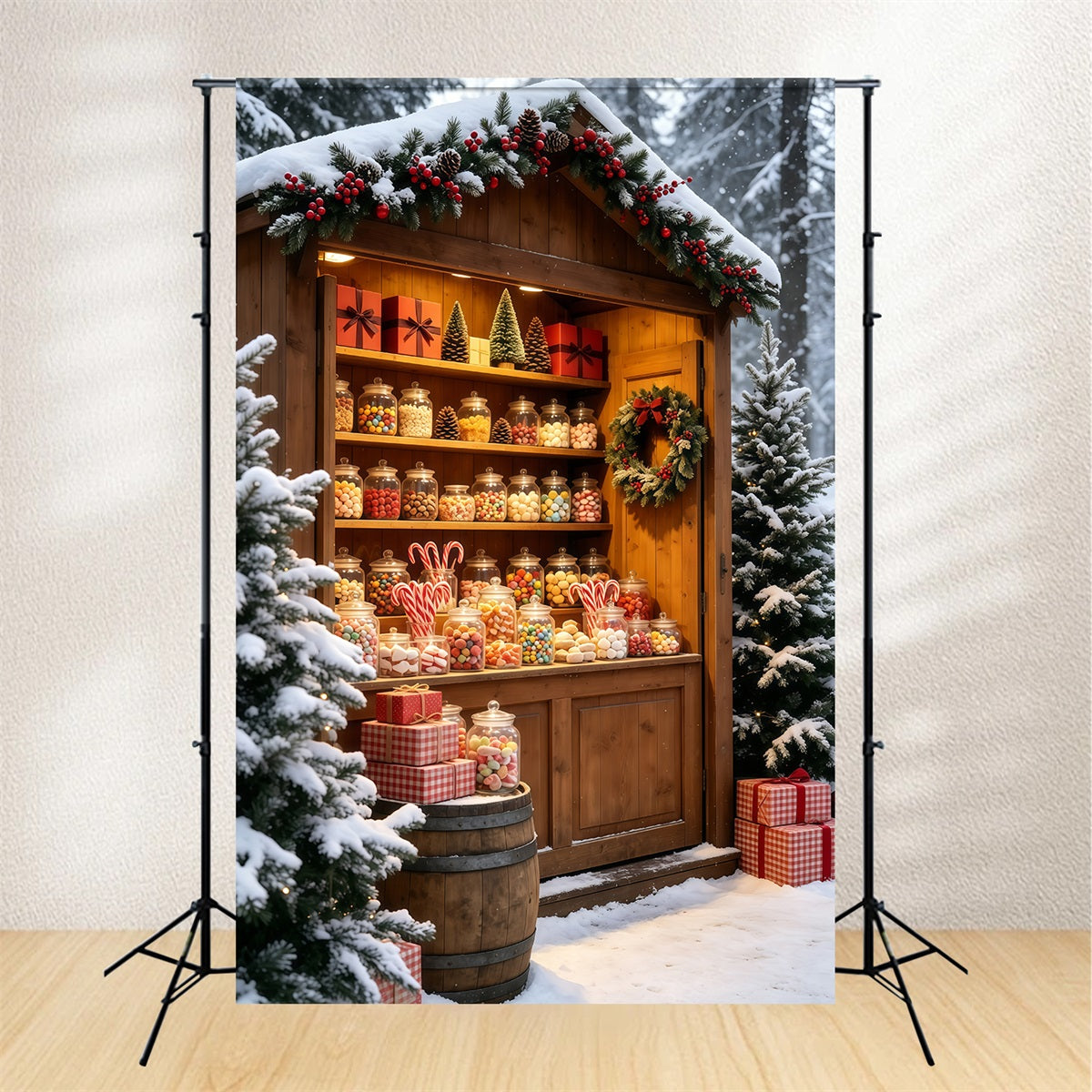 Verschneite Weihnachtskulisse Marktstand Mit Rustikalem Bonbonglas Weihnachts-Fotohintergründe GQ69-59