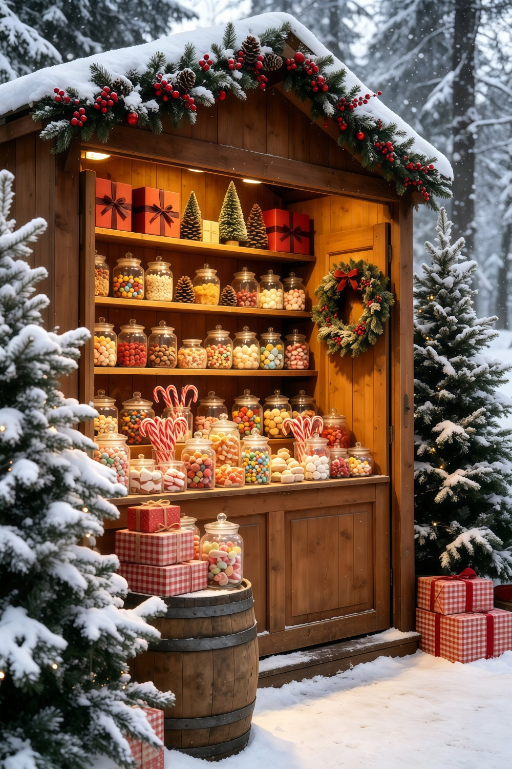 Verschneite Weihnachtskulisse Marktstand Mit Rustikalem Bonbonglas Weihnachts-Fotohintergründe GQ69-59
