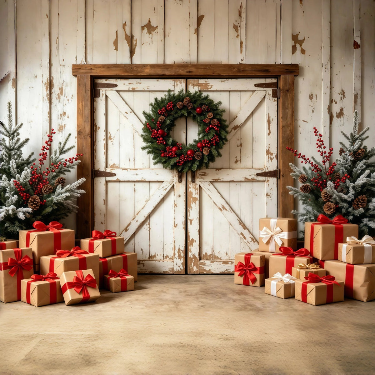 Weihnachts-Scheunentor-Hintergrund Rustikale Scheunen-Geschenkboxen Studio-Weihnachtskulissen GQ69-6