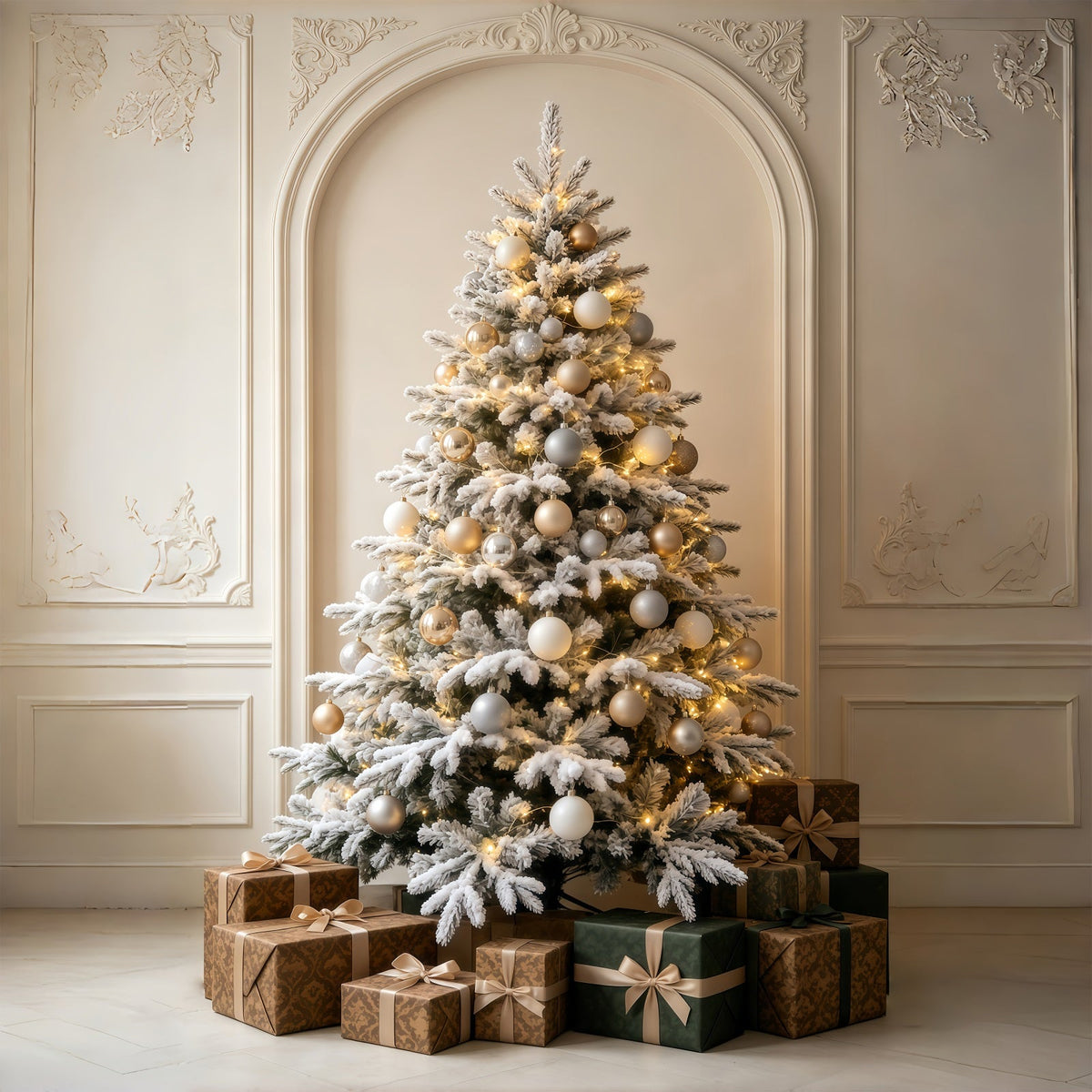 Weihnachtsschmuck-Hintergrund Kaminzimmer Mit Schneeweißem Baum Weihnachtshintergrund GQ69-60