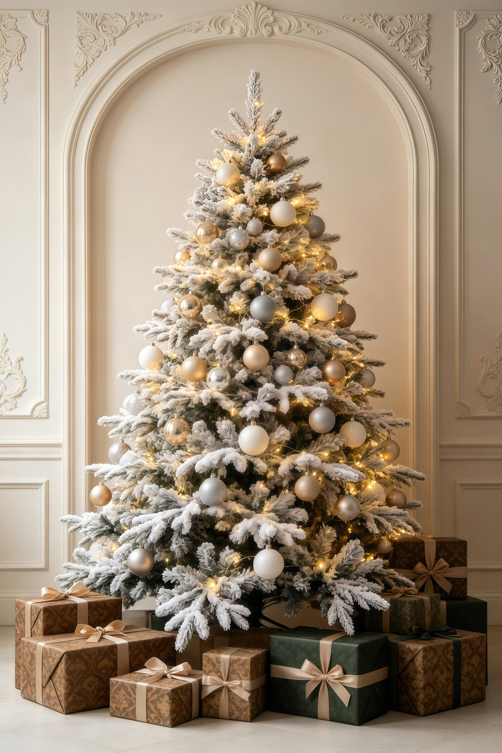 Weihnachtsschmuck-Hintergrund Kaminzimmer Mit Schneeweißem Baum Weihnachtshintergrund GQ69-60