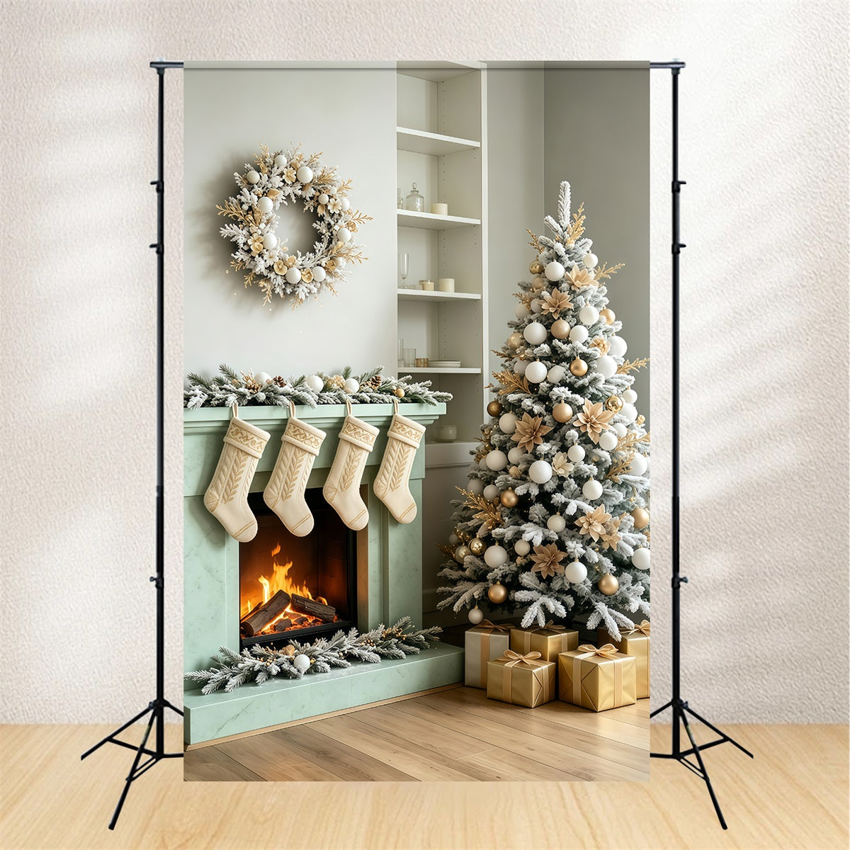Weihnachtszimmer-Hintergrund Minimalistische Weiße Kaminstrümpfe Weihnachtswand-Hintergrund GQ69-66