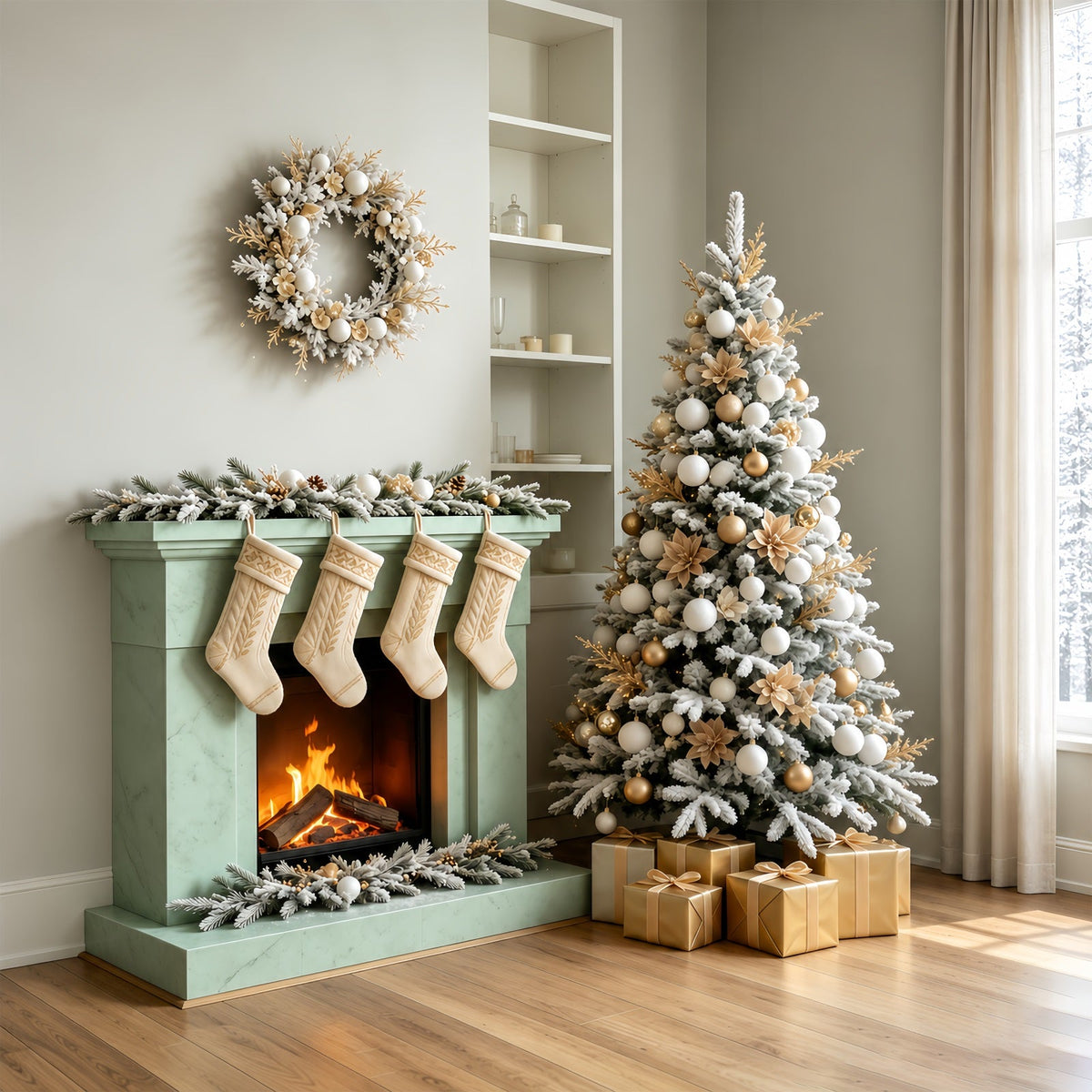 Weihnachtszimmer-Hintergrund Minimalistische Weiße Kaminstrümpfe Weihnachtswand-Hintergrund GQ69-66