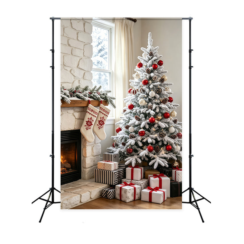 Weihnachts-Wohnzimmer-Hintergrund Schneebedeckter Steinkaminbaum Weihnachts-Fotohintergründe GQ69-67
