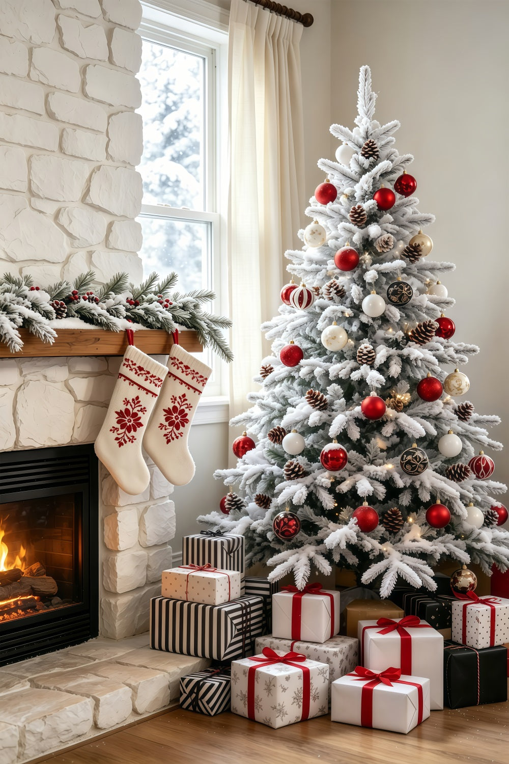 Weihnachts-Wohnzimmer-Hintergrund Schneebedeckter Steinkaminbaum Weihnachts-Fotohintergründe GQ69-67
