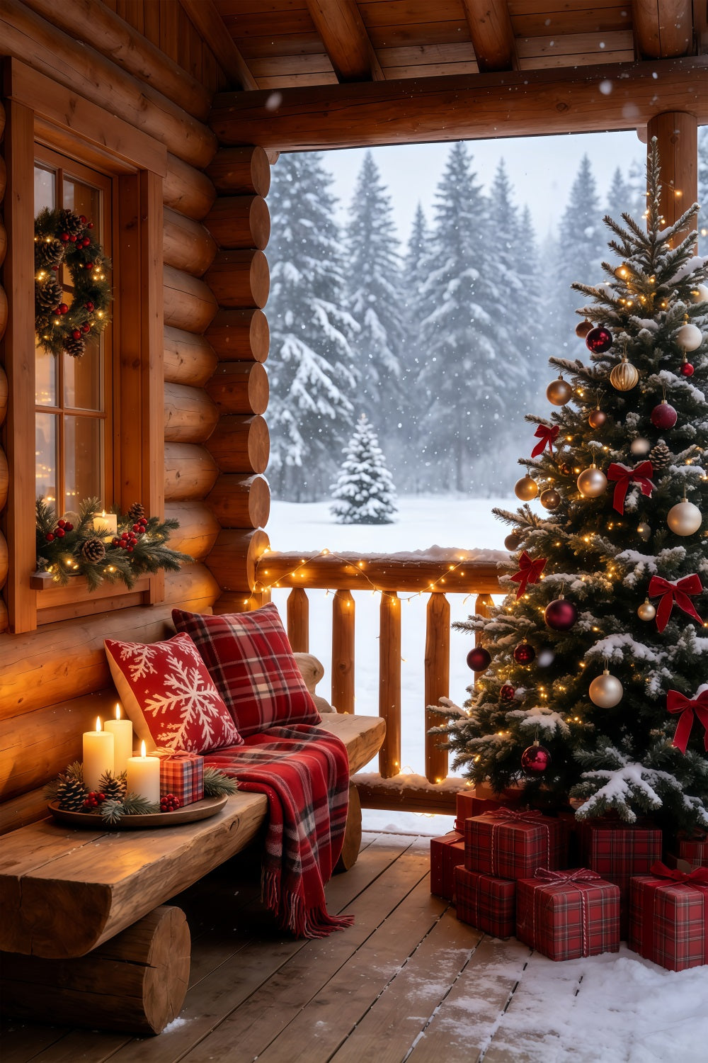 Rustikale Weihnachtskulisse Gemütlicher, Verschneiter Hüttenbalkon Weihnachtshintergründe GQ69-69