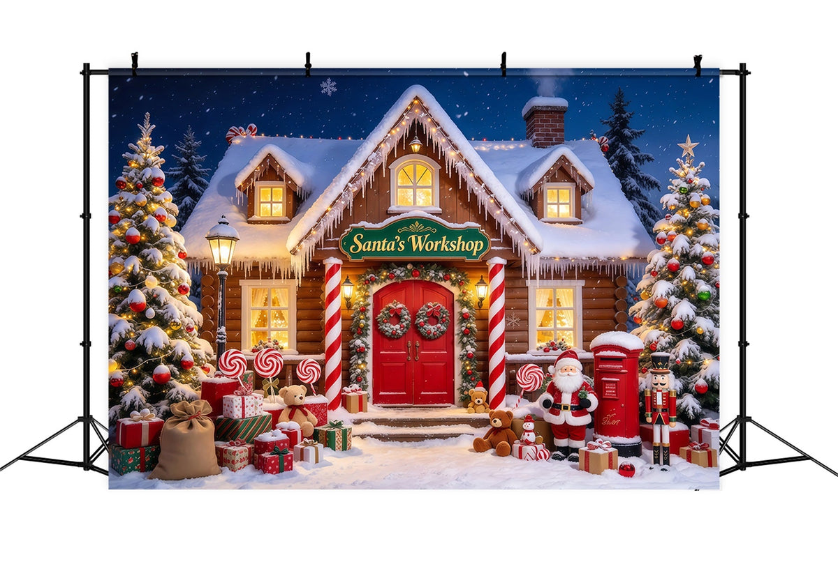 Weihnachtlicher Fotoshooting Hintergrund Verschneite Santa Werkstatt Dekoration GQ69-71