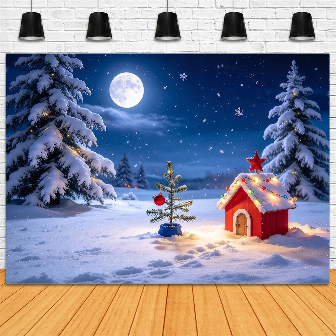 Lustiger Weihnachtshintergrund Mondbeschienene Verschneite Hütte Landschaft GQ69-73