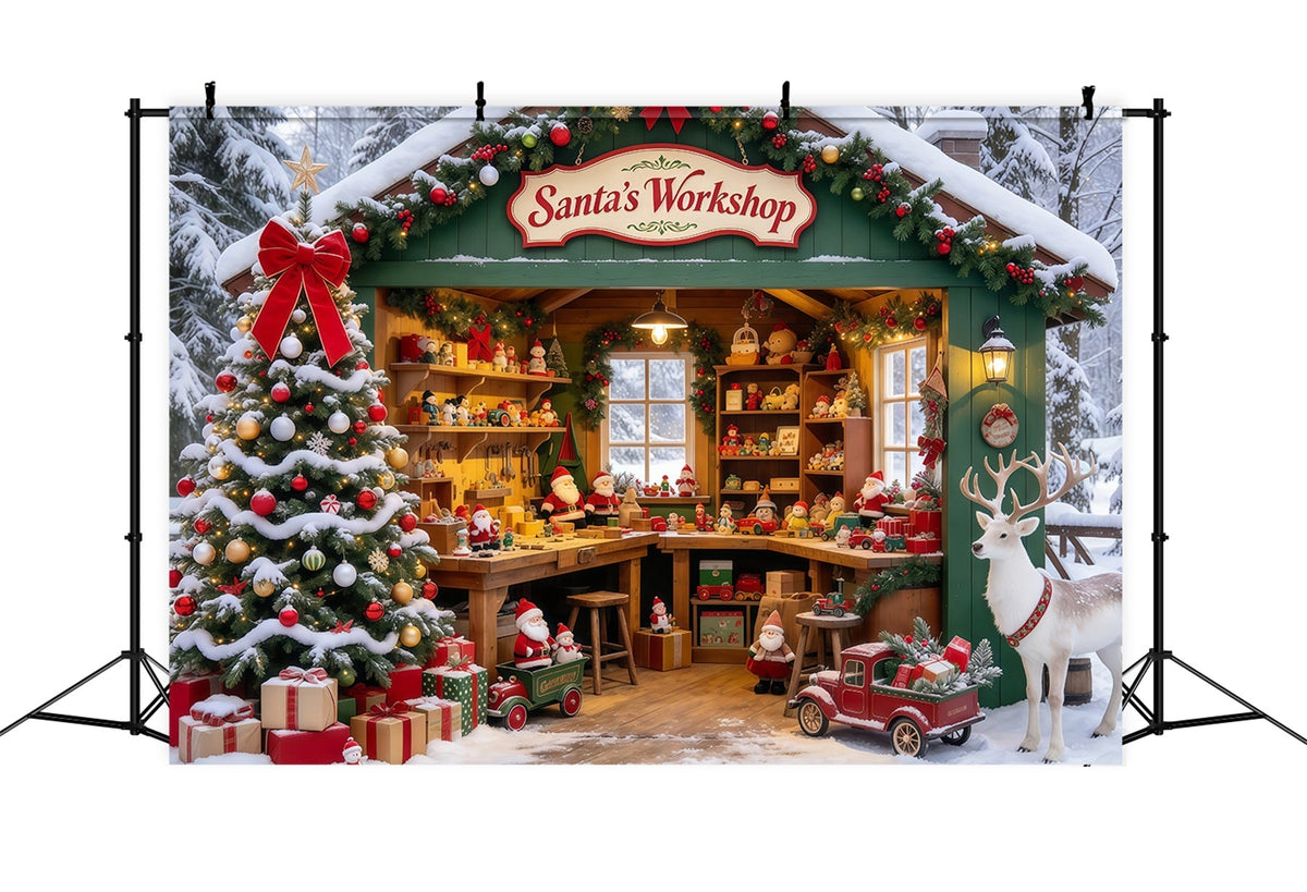 Santa Werkstatt Hintergrund Verschneites Waldhaus Rentiere GQ69-74