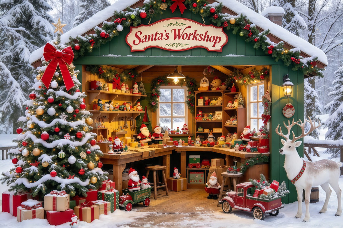 Santa Werkstatt Hintergrund Verschneites Waldhaus Rentiere GQ69-74