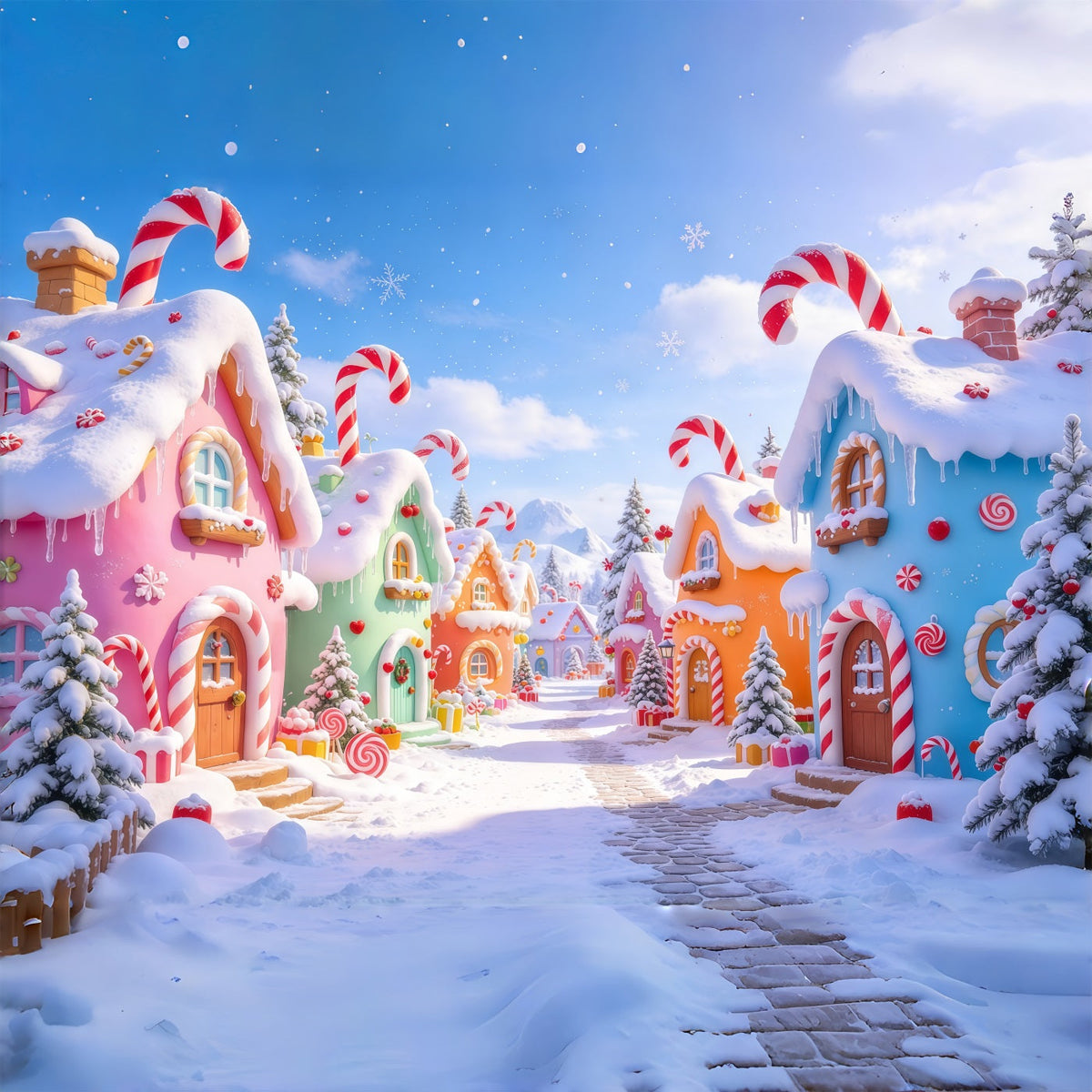 Weihnachtlicher Fotohintergrund Pastellfarbenes Süßigkeiten Dorf GQ69-76