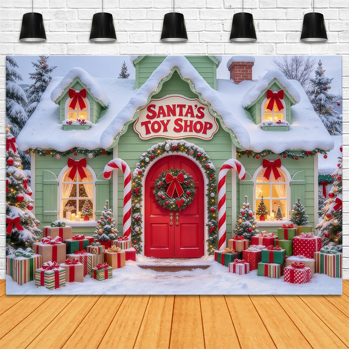 Santa Spielzeugladen Hintergrund Verschneiter Santa Spielzeugladen GQ69-77
