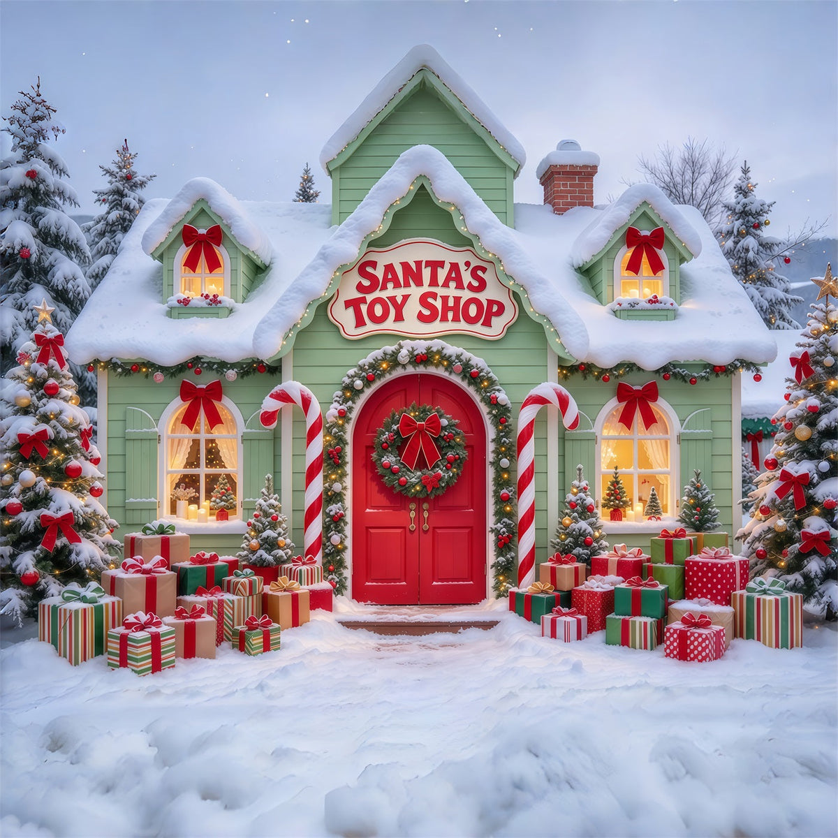 Santa Spielzeugladen Hintergrund Verschneiter Santa Spielzeugladen GQ69-77