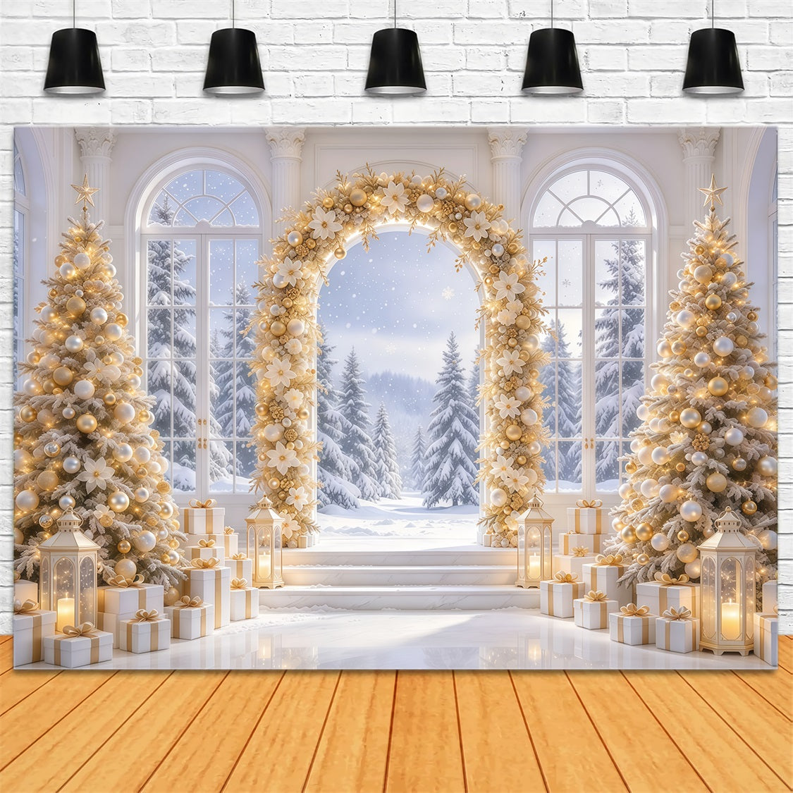 Weiß Goldener Weihnachtshintergrund Goldener Blumen Winterbogen GQ69-79