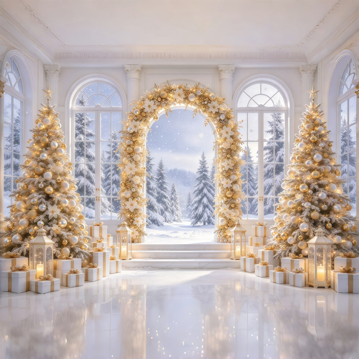 Weiß Goldener Weihnachtshintergrund Goldener Blumen Winterbogen GQ69-79