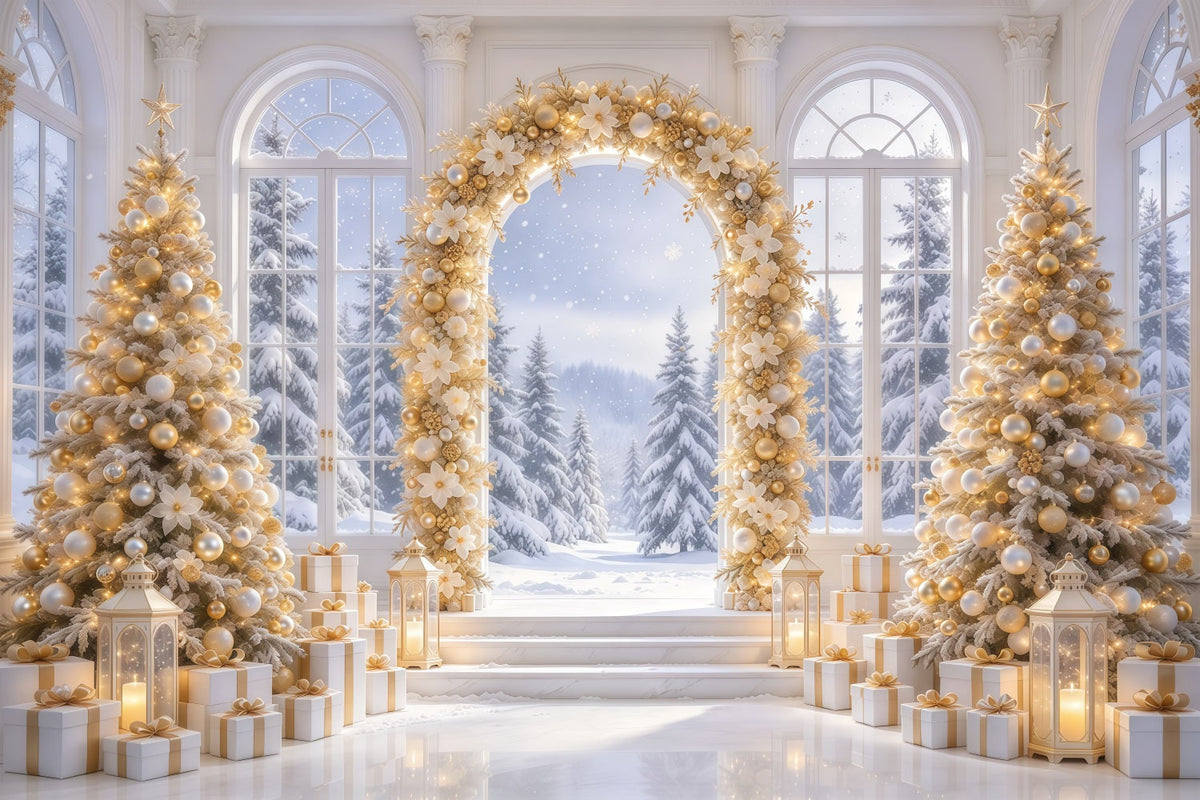 Weiß Goldener Weihnachtshintergrund Goldener Blumen Winterbogen GQ69-79