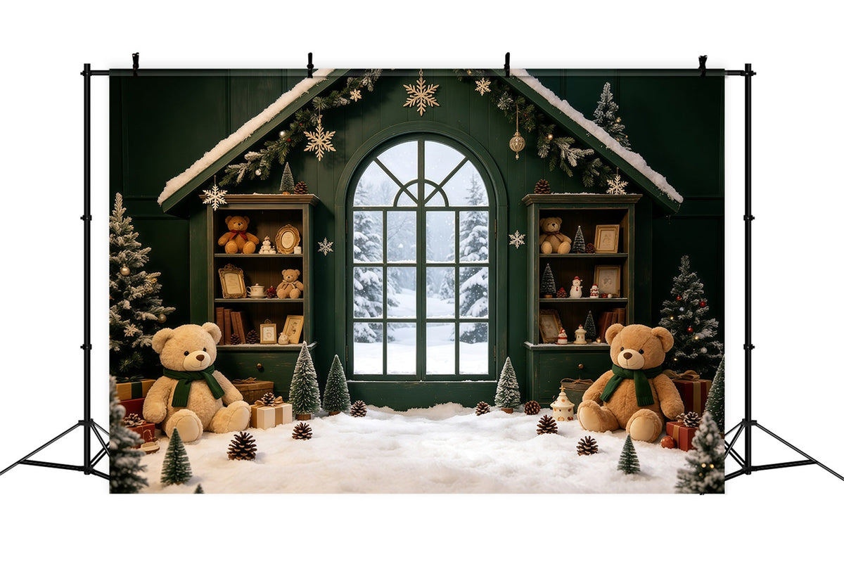 Gemütliche Weihnachtskulisse Grüne Hütte Teddy-Fenster Weihnachts-Musselin-Hintergrund GQ69-8
