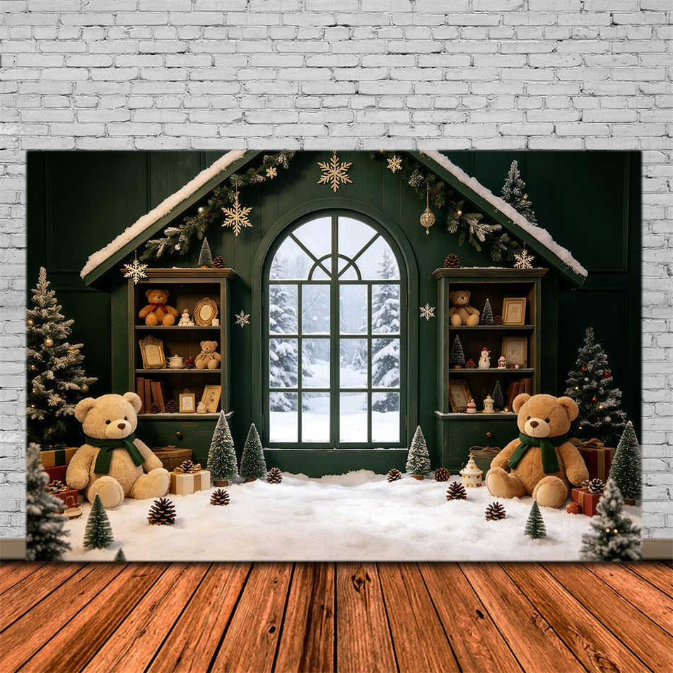 Gemütliche Weihnachtskulisse Grüne Hütte Teddy-Fenster Weihnachts-Musselin-Hintergrund GQ69-8