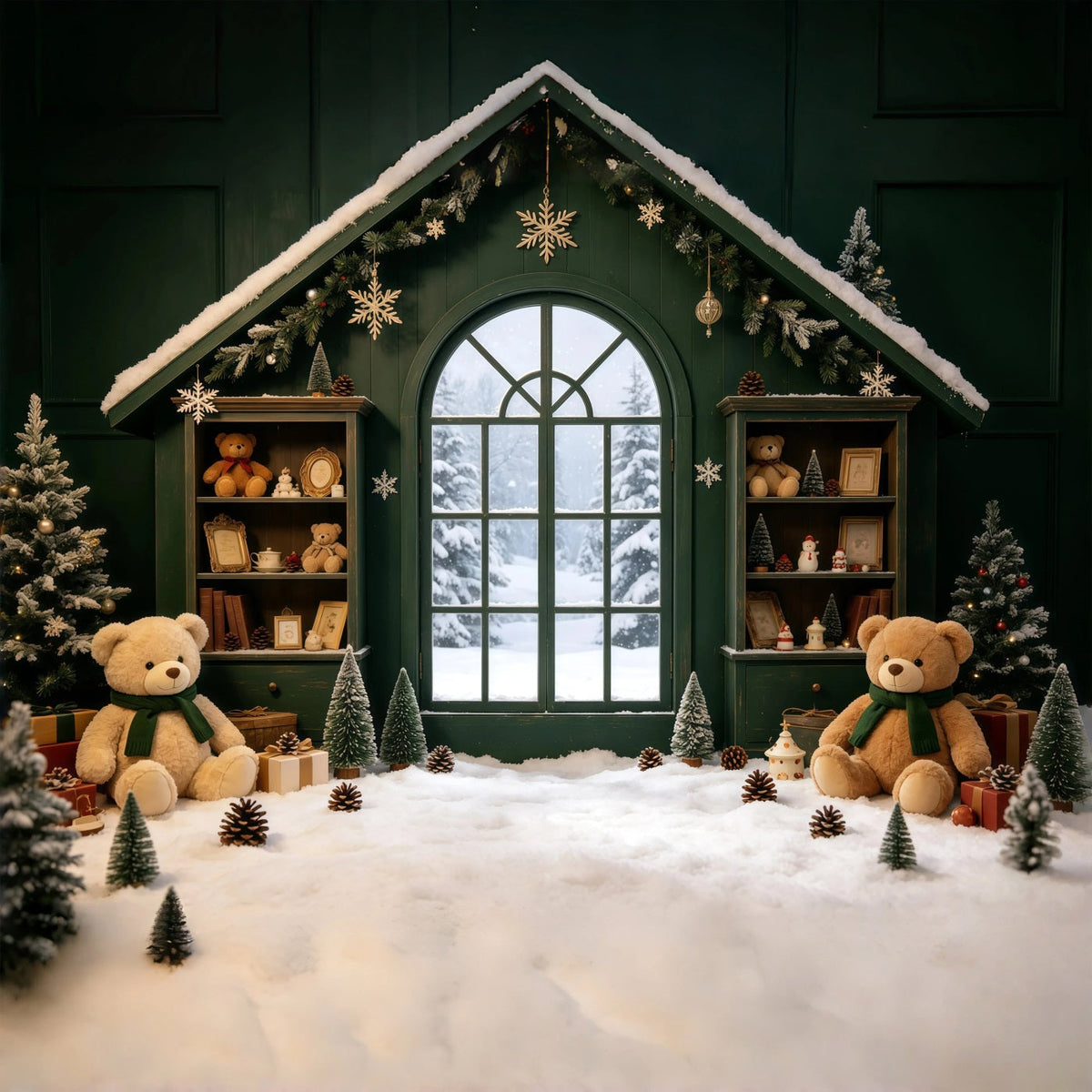 Gemütliche Weihnachtskulisse Grüne Hütte Teddy-Fenster Weihnachts-Musselin-Hintergrund GQ69-8