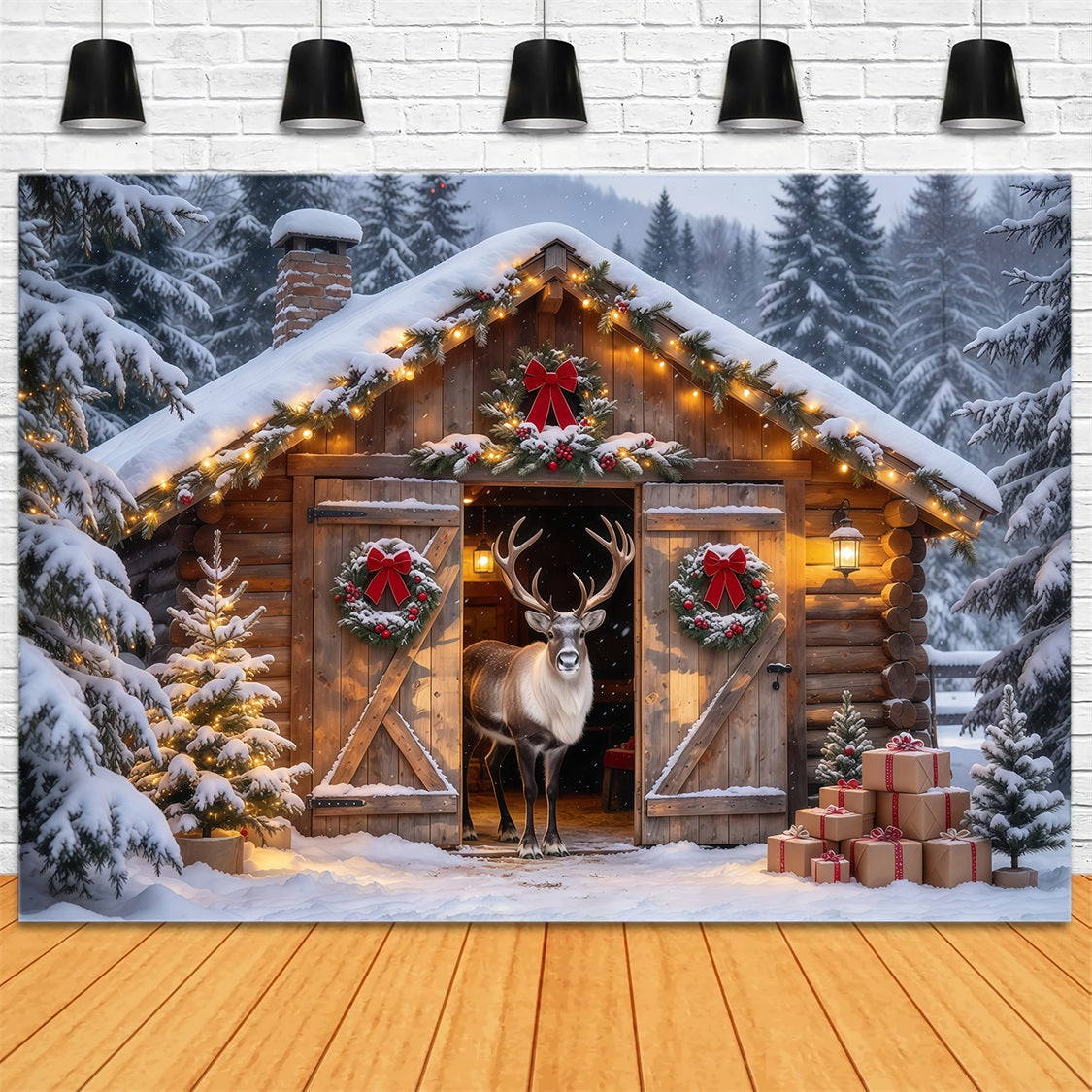 Winterlicher Weihnachtshintergrund Verschneiter Rentierhütteneingang GQ69-88