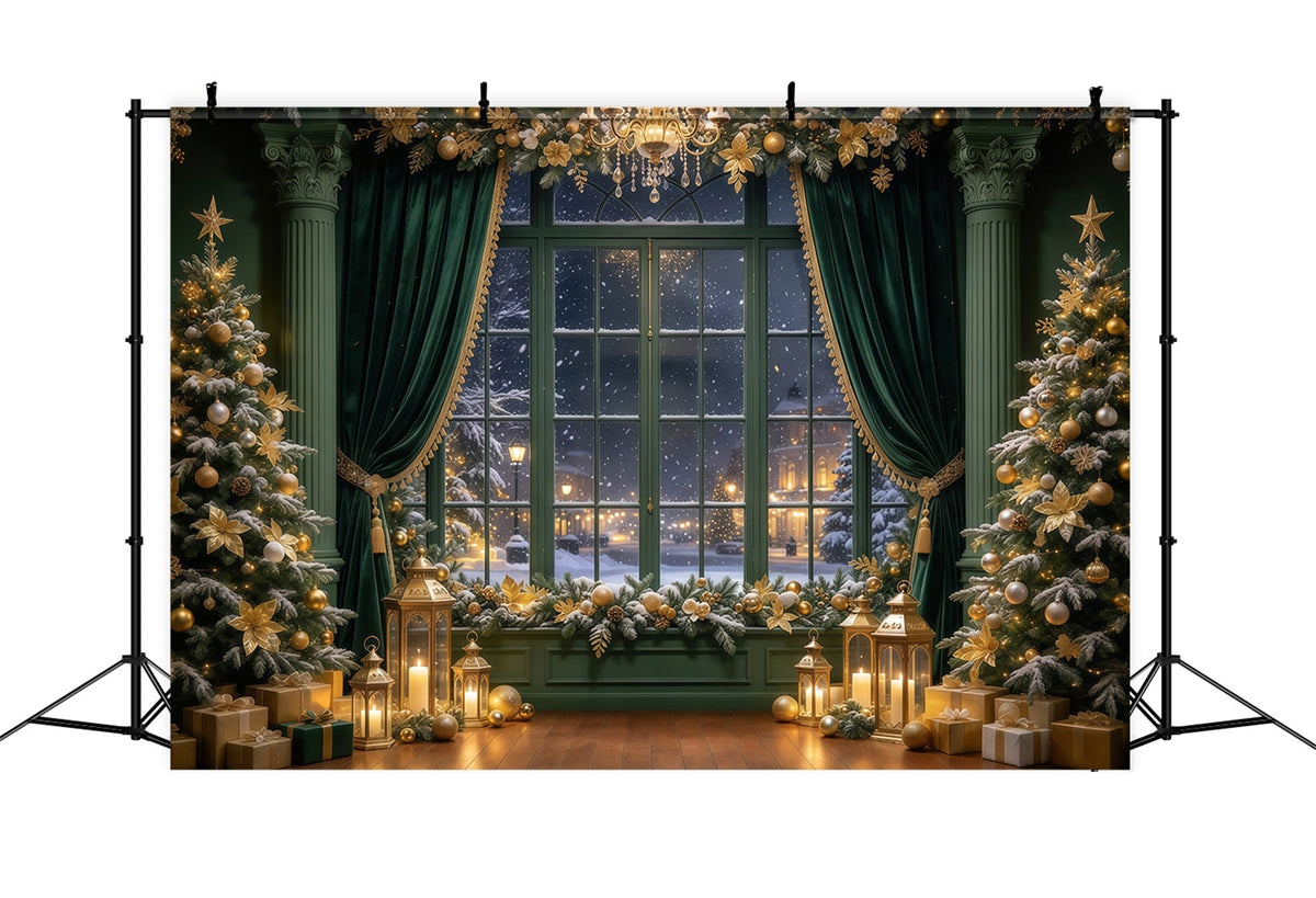 Weihnachtlicher Vorhang Hintergrund Smaragdgrünes Goldenes Fenster GQ69-89